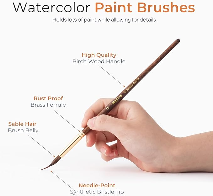 Nicpro 4 PCS Watercolor Brushes Professional, Extended Needle Point Brush Set, Sable Watercolor Brushes with Synthetic Extra Long Tip for Fine Detailing - Watercolor Acrylic Gouache Inks Painting