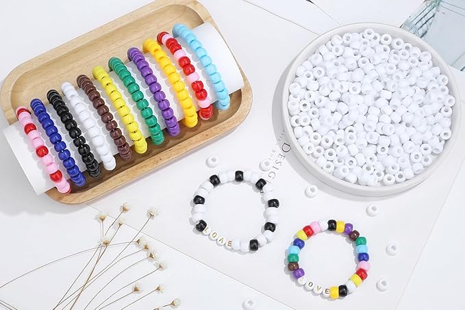 1000Pcs White Pony Beads Kit 6x9mm Perler Bulk Bead for Bracelets Crafts, Kandi Beads, Hair Braids Clay Plastic Bead for Necklace Keychain Jewelry Making(White)