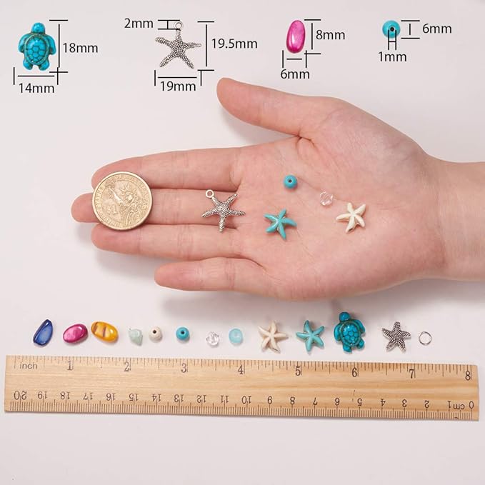 SUNNYCLUE 1 Box DIY 6Pcs Boho Shell Beads Beach Charm Anklet Christmas Bracelet Making Kit Adjustable Starfish Sea Shell Charms Turquoise Turtle Beads Foot Chain Sandal Beads for Jewelry Making Kits