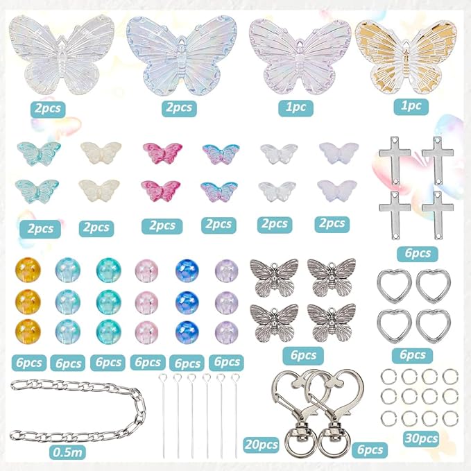 SUNNYCLUE 128Pcs Butterfly Keychain Making Kit Butterflies Beads Colorful Butterfly Bead Heart Butterfly Charms Acrylic Glass Spacer Beads for Keychains Making Women Adults DIY Crafts Supplies