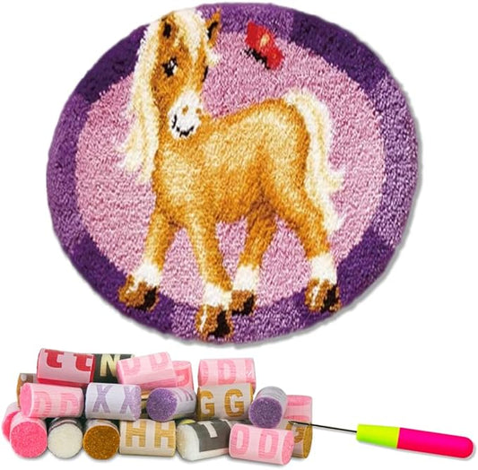 DIY Latch Hook Kits Pink Horse Throw Carpet Embroidery Cover Rug Pattern Color Printed Canvas 40x40inch, Crochet Needlework Crafts for Kids and Adults