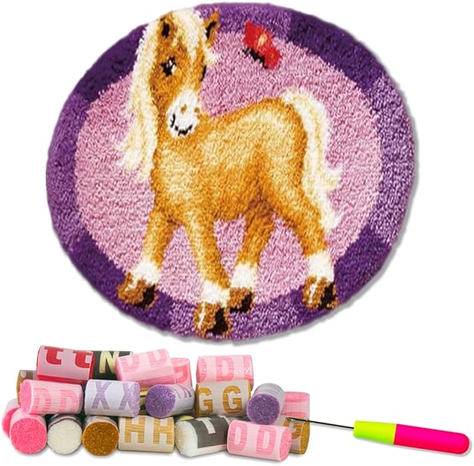 DL-YTG Latch Hook Kits Rug Pink Horse Crochet Yarn Cushion Colour Pre-Printed Canvas Cover Rug Needlework DIY Hook and Latch Kit Christmas Home Decoration 50x50cm/20 X20inch