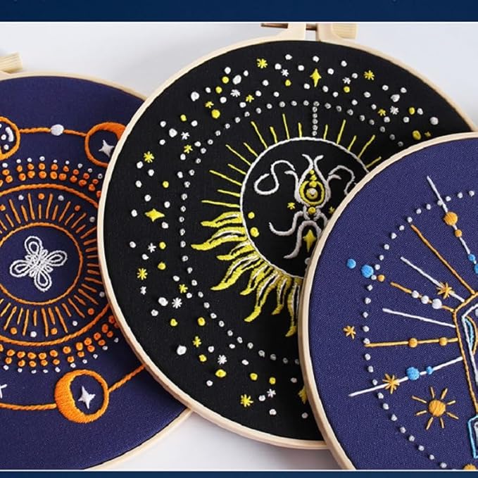 konrisa 3 pcs stamped embroidery starter kit for adults beginners, universe planet pattern cross stitch kits, diy sewing practice kit, needlepoint kits include 1pcs hoops, hanging decoration for home