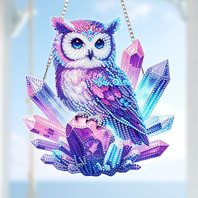 POETRYDRAW DIY Hanging Diamond Art Pendant Kit, 5D Owl Special Shaped Crystal Diamond Art Window Acrylic Pendant Ornament Wall Art Suncatchers Sign for Home Decoration