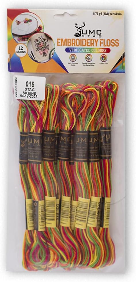 Pack of 12 Premium Embroidery Thread | 100% Egyptian Cotton Premium Skeins | Cross Stitch Embroidery Floss | Oeko TEX Certified | Ideal for Arts & Crafts (Rainbow Variegated 015)