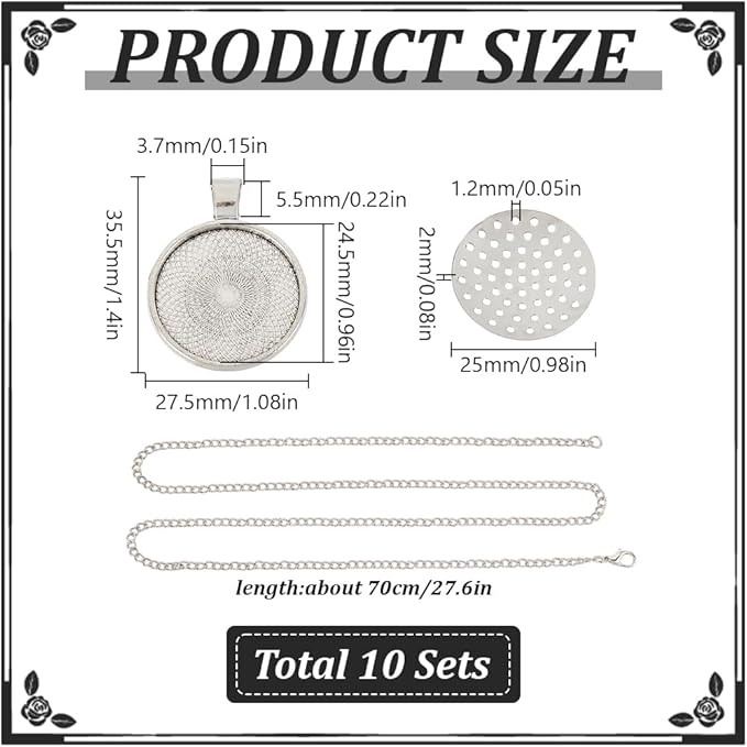 GOMAKERER 10 Sets Round Bezel Pendant Trays, 1 Inch Pendant Blank Frame for Embroidery Alloy Tray Charms Bulk DIY Jewelry Making Kit for Necklace DIY and Crafts Projects, Antique Silver