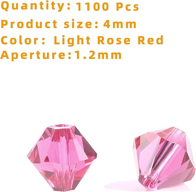 laopottbeads 1100pcs 4mm bicone crystal glass beads for jewelry making, sparkling mini beads for suncatchers, diy bracelets & craft projects (light rose red)
