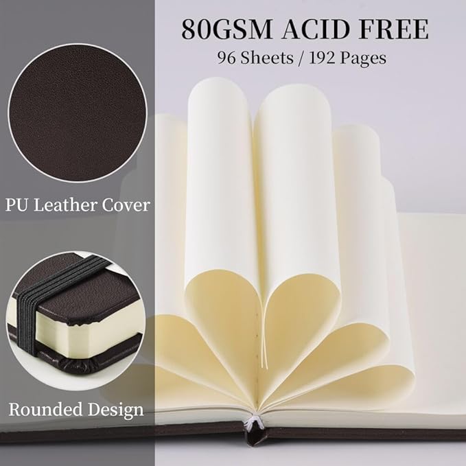 Square 5x5 inches 80gsm 96sheets/192 Pages Notebooks Blank Sketchbooks Travel Journal Pocket Hardcover Paint Writing Diary Memo Planner PU Leather Cover. Dark Brown