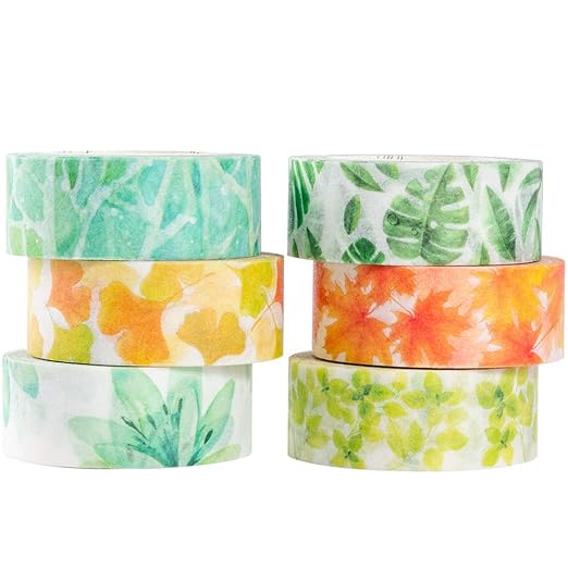 YUBBAEX Lush Plants Washi Tape Set 6 Rolls Floral Masking Decorative Tapes 15mm Wide (Feeling of Leaves)