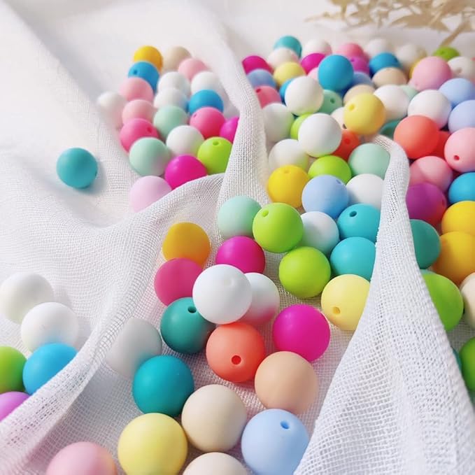 60Pcs 15mm Round Rubber Silicone Bead Bulk Loose Beads Gorgeous Making Kit for Keychain Tassels Necklace Bracelet Jewelry DIY Crafts Making