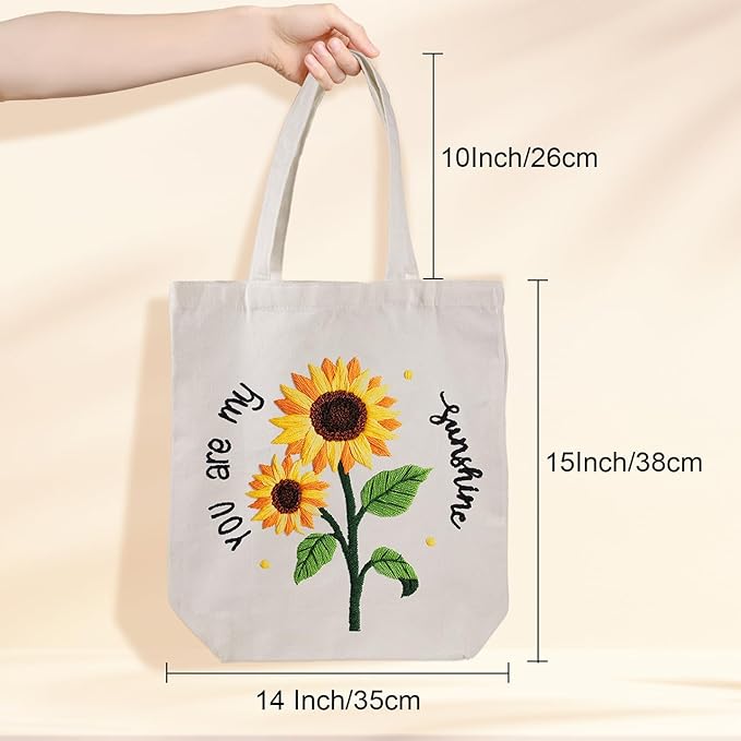 louise maelys embroidery kit canvas tote bag for beginners,cross stitch kits for adults,arts and diy crafts needlepoint with sunflower pattern,women shopping reusable grocery bags