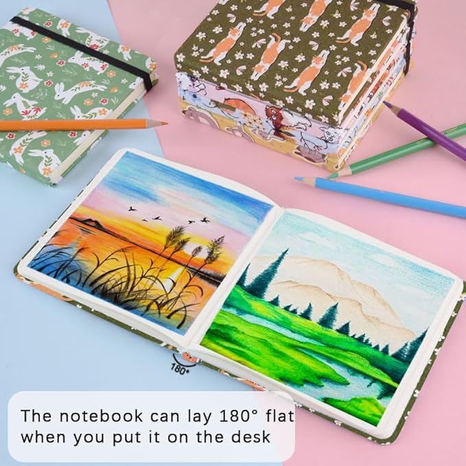 4.8" x 4.8" Hardcover Sketchbook,Small Mixed Media Sketch Pad,96 Sheets 80gsm Acid-Free Artist Travel Journal Pocket Blank Notepad for Adults Drawing Painting,Art Supplies.Green Flower Cat