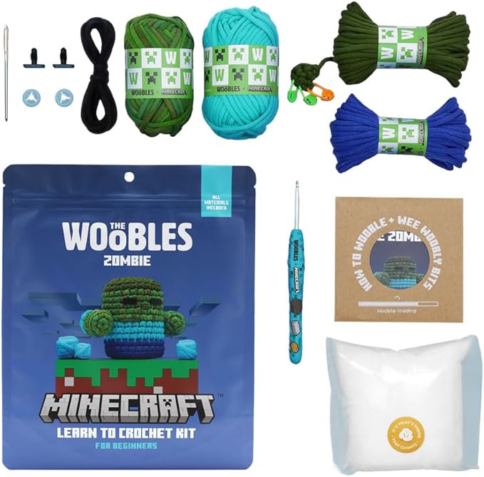 The Woobles Minecraft Crochet Kit – Beginner Crochet Kit for Adults, Easy Knitting Kit with Woobles Yarn, DIY Crafts, Crochet Animals, Minecrafts, Gift for Gamers & Crafters (Zombie)