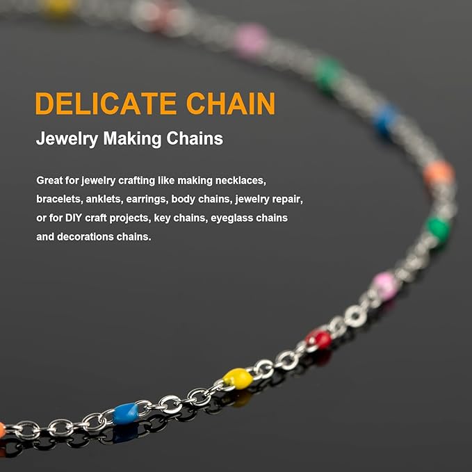KYUNHOO Colorful Beaded Stainless Steel Jewelry Making Chains Silver Necklace Chains Bulk on Spool Thin Cable Chain Link with Jewelry Making Supplies for Bracelet Choker Crafting