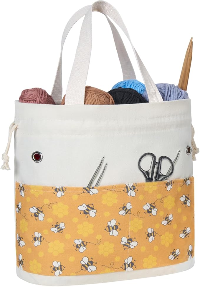 TOGETRUE Yarn Bag, Knitting Crochet Tote Bag, Yarn Storage Bags Organizer, Crochet bags for Crocheting Project, Store Skein Ball, Short Knitting Needle (Large, Bees)