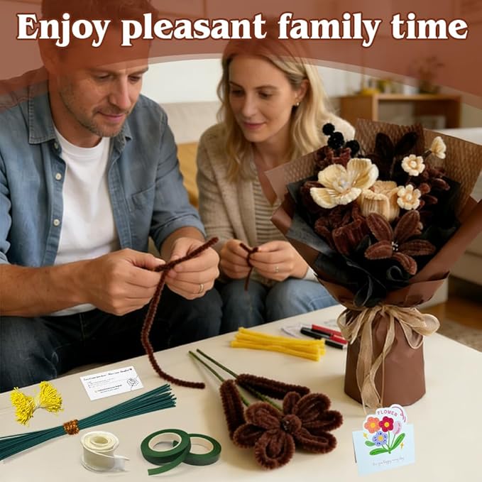 985-Pipe Cleaner Flower Making Kit - 600 Pieces Brown Coffee Beige White Green Chenille Stems with Stamens, Floral Wire & Tape, DIY Rose Sunflower Bouquet Craft Set, Complete Flower Kit