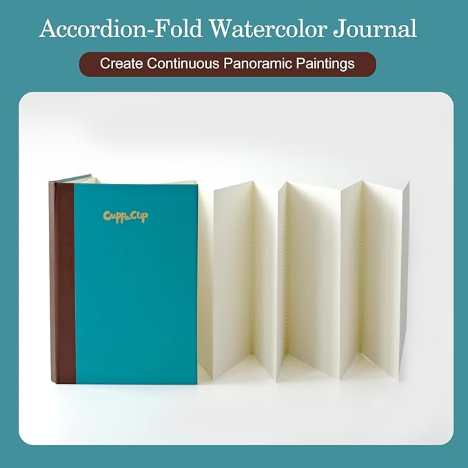 CuppaClip Accordion Watercolour Sketchbook 300GSM Cotton Paper Art Supplies Hardback Concertina Watercolor Travel Journal (Blue, 5.3x7.6in)