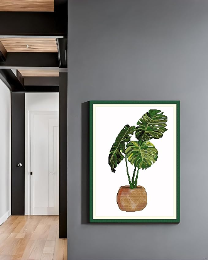 CaptainCrafts Cross Stitch Kits, Stamped Cross Stitch Kits Printed Fabric Cross Stitch DIY Needlework Embroidery Kit House Decor Monstera deliciosa (Printed 14CT)