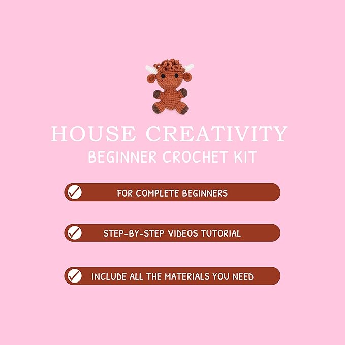 HOUSE CREATIVITY Beginner Crochet Kit for Adults, Beginners Crocheting Knitting Kit with Yarn Sets, Step-by-Step Video Tutorials,Animal Craft Kit, Holiday Birthday Gifts(Cows)