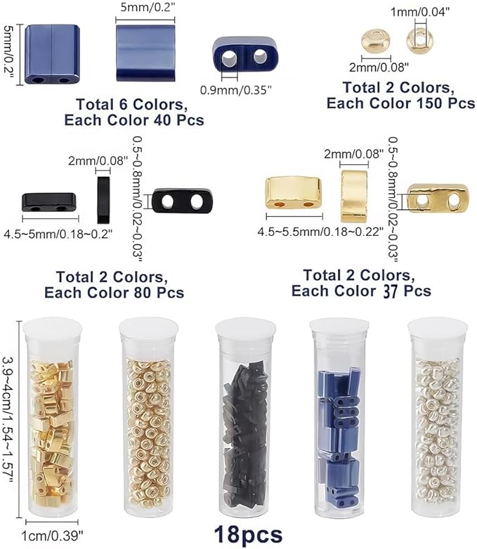 NBEADS 790 Pcs 3 Sizes 2-Hole Beads Set, 10 Colors 2-Hole Glass Seed Beads Spacer with 300Pcs Round Seed 5x5mm/5x2mm/5×1mm Mini Japanese Glass for Bracelet Necklace Earring Jewelry Making