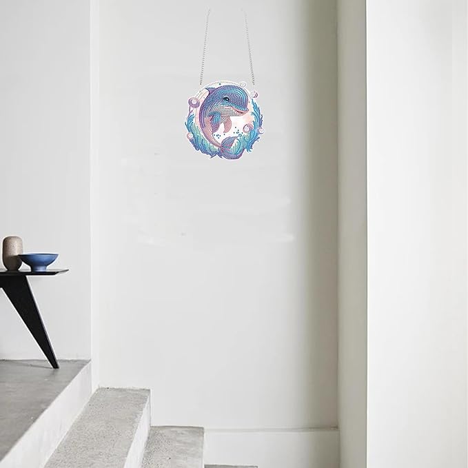 TDFERAN Diamond Painting Pendant Dolphin Mosaic Making Kits by Kits Home Decoration Pendant Diamond Peinture Hanging Diamant Painting Suncatcher Art Wind Chimes Hanging Pendants for Wall Home Decor