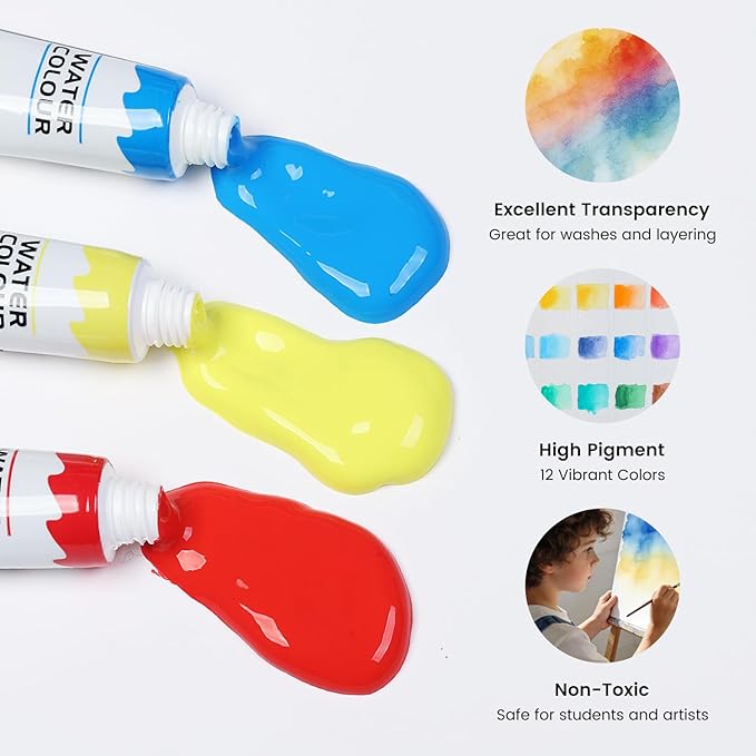 Mini Watercolor Paint Set, Travel Watercolor Paint kit with 12 Colors, Refillable Brush & Sketchbook, Ideal Watercolor Palette for Travel, Creative Painting Kit for Beginners and Artists(8 Gird)