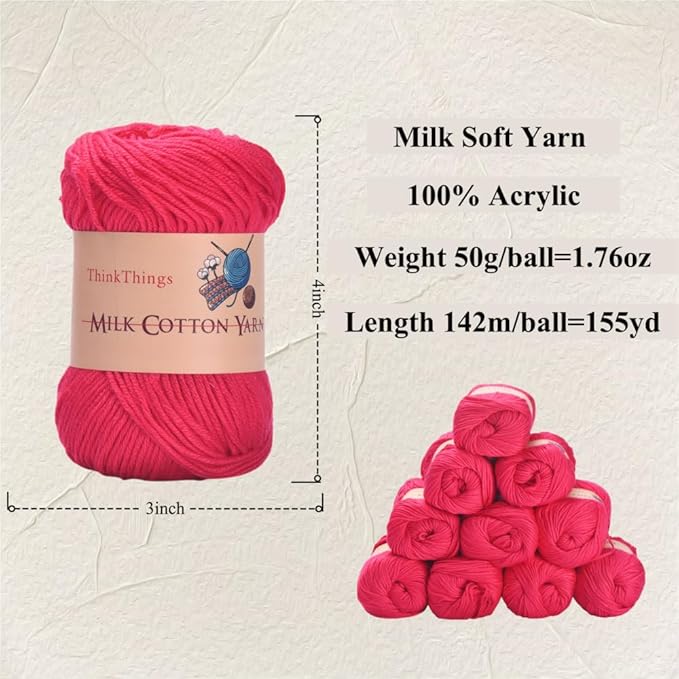 Acrylic Yarn for Crocheting Bulk DIY Knitting Yarn Rose Red Cotton Yarn 10Balls Pack 17.6Ounces,Red Crocheting Yarn
