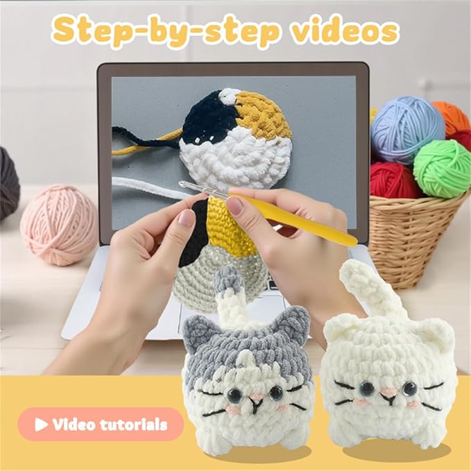 Linhao Jew Crochet Kit for Beginners – Cat Crochet Kit Keychain with Pre-Started Easy Yarn, Step-by-Step Video Tutorials for Adults & Kids DIY Crafts (Kitten)