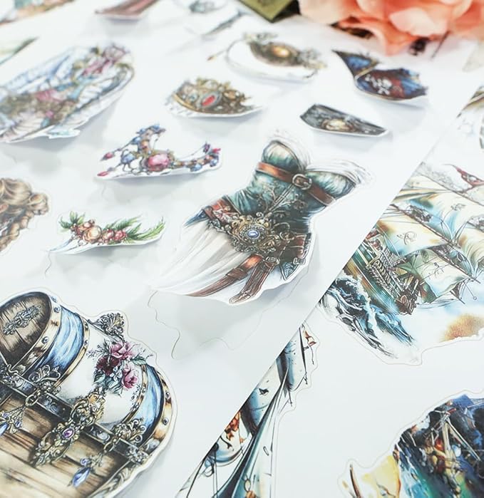 Dwetpzo Vintage Pre-Cut Journal Pirate Sticker Book for Junk Journaling Supplies, Washi, Paper, Transparent PET Stickers for Scrapbooking, Collage, Planner, Bujo, 20 Sheets
