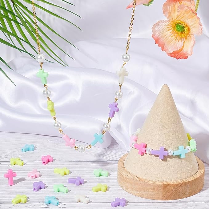 SUNNYCLUE 300Pcs Cross Beads Bulk Colorful Acrylic Mini Small Macaron Color Pocket Quilt Crosses Tiny Plastic Easter Crucifix Loose Spacer for Jewelry Making DIY Beading Supplies