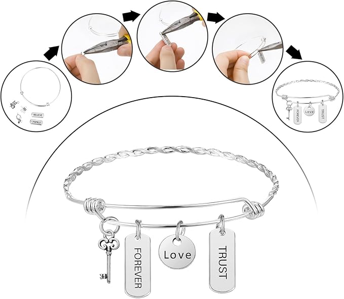 363 Pcs Charm Bracelet Making Kit Bangle Bracelets DIY Kit, 17 Silver Expandable Wire Bangles, 146 Charms Pendants, 200 Open Jump Rings for Christmas Women Jewelry Making