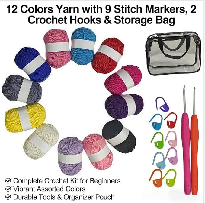24-Piece Crochet Starter kit – Includes 12-Color Yarn Bundle, 2 Crochet Hooks, 9 Stitch Markers, and a Storage Bag; Complete Knitting Set Suitable for DIY Crafts and Scarf Making