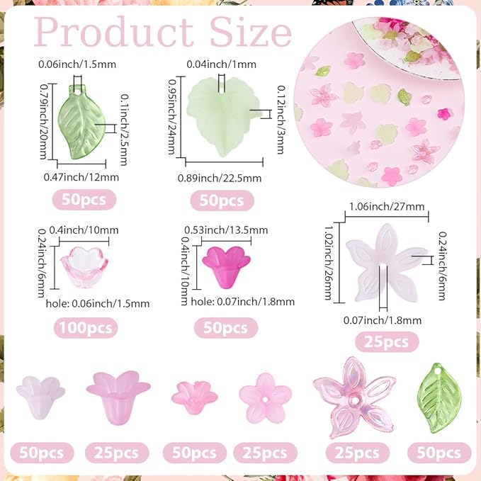 500Pcs Acrylic DIY Flower Leaf Beads Kits Including Assorted Pink Flower Loose Beads Maple Leaf Pendants Charms Acrylic Floral Caps for Earring Bracelet Necklace Craft Jewelry Making