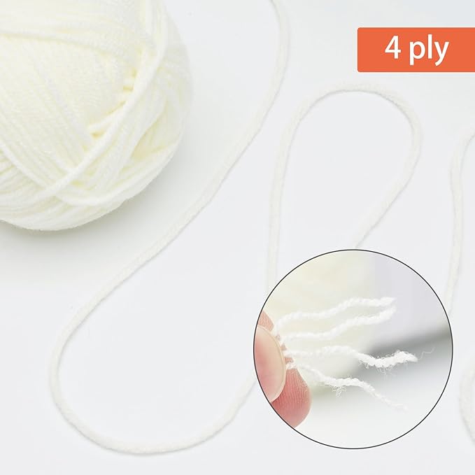 NICEEC 300g Soft Assorted Colors Yarn - Sport Weight,100% Acrylic, 4 Ply, Bonbons Yarn for Crochet & Knit, DIY Project Starter Kit for Kids or Adults(Total 870yds) - White