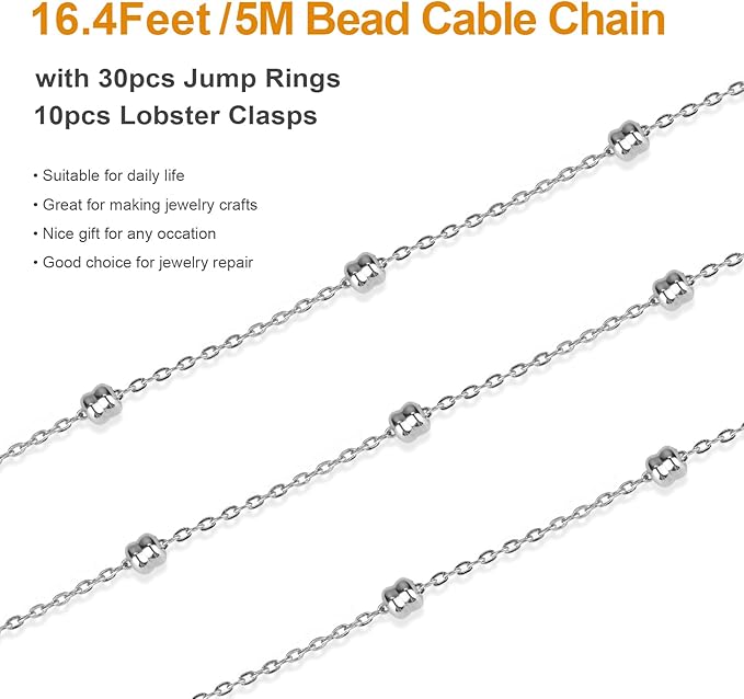 Kyutong 16.4 Feet Silver Stainless Steel Necklace Chain Spool Irregular Beaded Chains for Jewelry Making with Jump Rings Lobster Clasps Supplies for Crafting