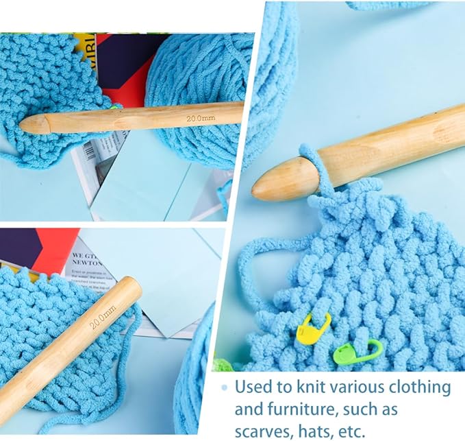Wooden Crochet Hooks, 20mm Wooden Handle Crochet Hook Bamboo Knitting Crochet Needles with 10 pcs Knitting Stitch Markers for Handcraft Crocheting