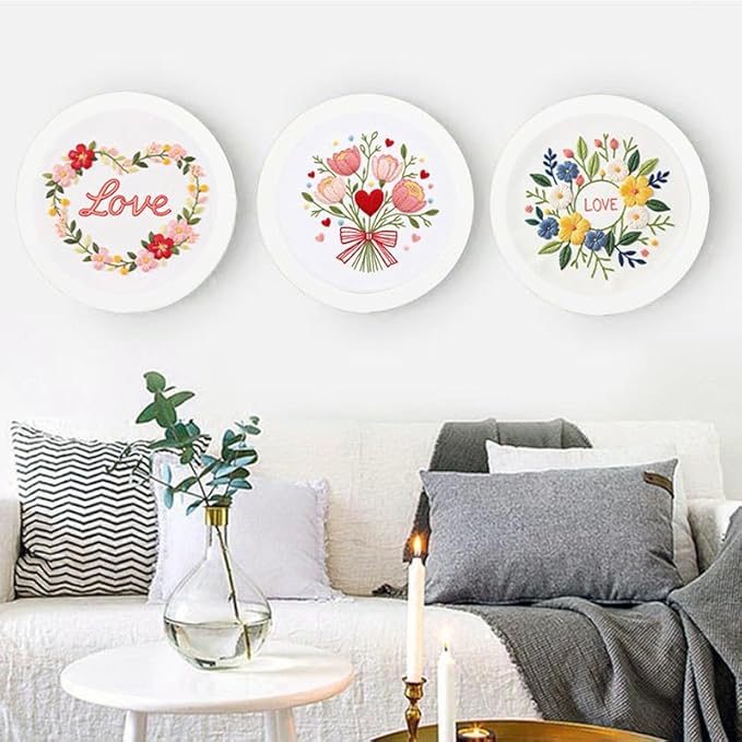 Konrisa 3pcs Love Flower Embroidery Kits for Beginners Adults, DIY Sewing Needlepoint Cross Stitch Kits for Anniversary Valentine's Day, Brithday, Christmas and Home Decoration