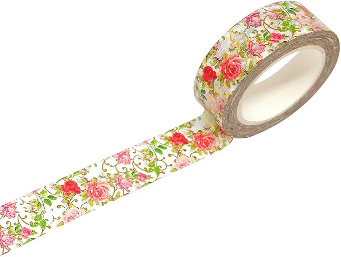 allydrew Gold and Silver Foil Washi Masking Tape, 15mm x 5M, Elegant Roses