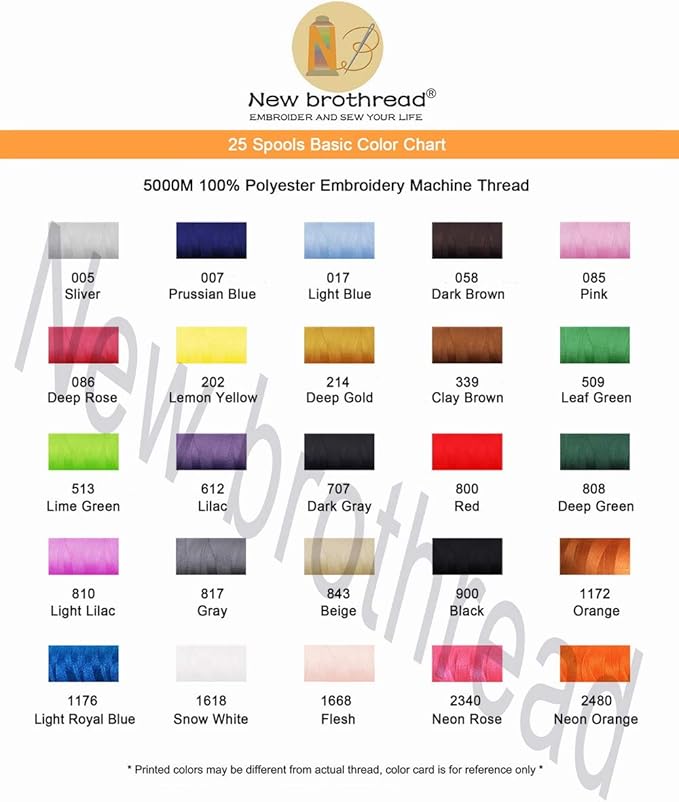 New brothreads - 25 Basic Colors of Huge Spool 5000M Polyester Embroidery Machine Thread for Commercial and Domestic Embroidery Machines