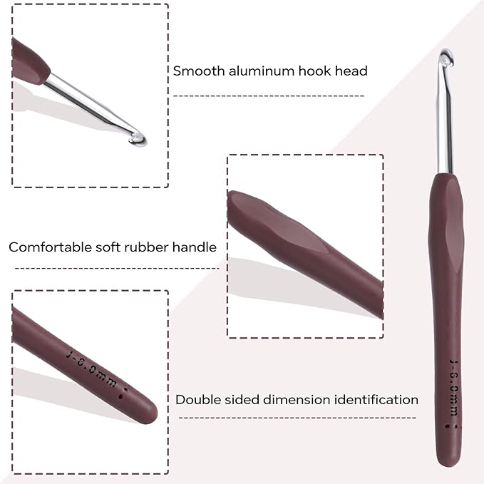 6mm Crochet Hook, Ergonomic Crochet Hooks with Soft Rubber Handle and Smooth Glide Head - Lightweight Aluminum Needles for Beginners, Arthritis, Yarn Projects, Long Crafting Sessions (6.0 mm)