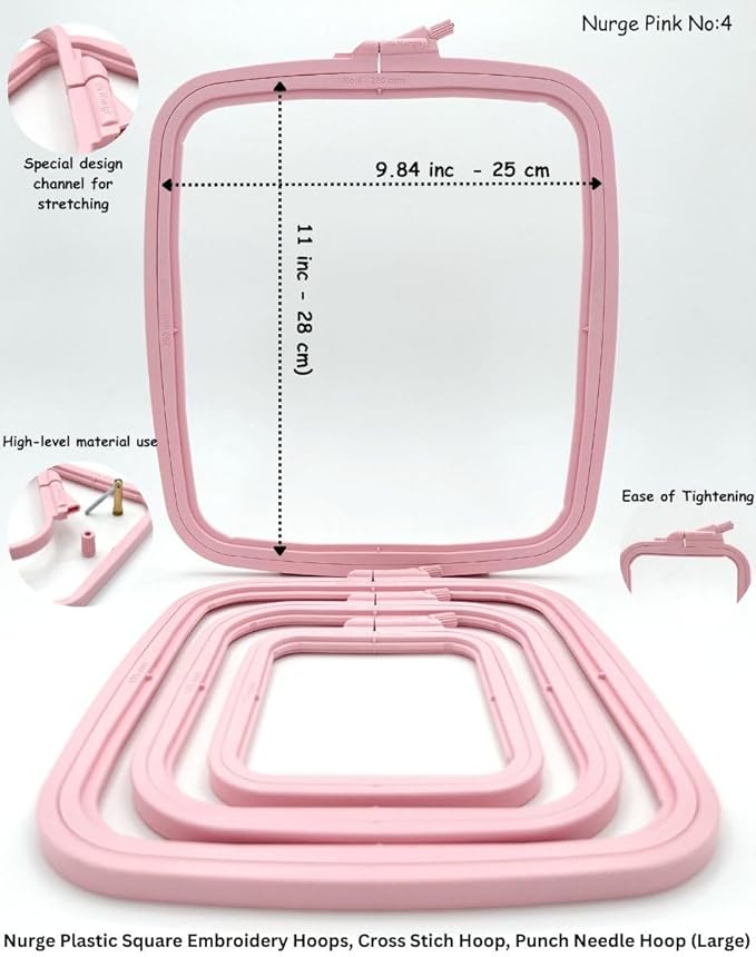 nurge square embroidery hoop - plastic cross stitch frame for needlepoint & embroidery - adjustable craft hoop - pink - no:4 (large)