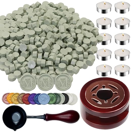 Sage Geen Sealing Wax Beads, ONWINPOR 400pcs Wax Seal Kit with Warmer, Non-Slip Spoon, Candles for Envelopes, Stamp Letter Seal,Wedding Invitations (Vanilla Green)