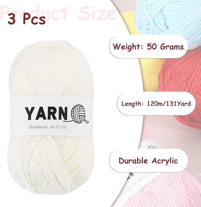 3Pcs Cream White Acrylic Yarn 400 Yard 4 Ply Soft Crochet Yarns Sport Weight Yarn,[for DIY Crocheting Knitting Craft Blankets Hats]-150g