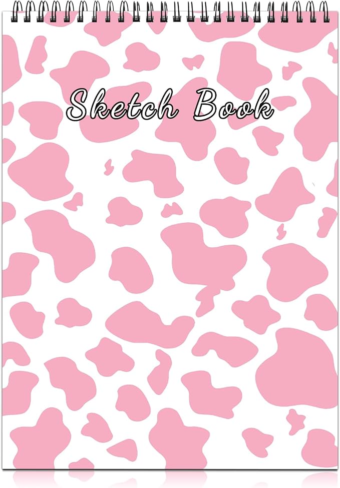 Deokke Sketchbook Top Spiral Bound Sketch Pad, 9 x 12 inch,100GSM Thick Paper,50 Sheets 100 Pages,Art Sketch Book Aesthetic Cute Drawing Writing Paper,for Girls Women-Pink Cow Pattern Western