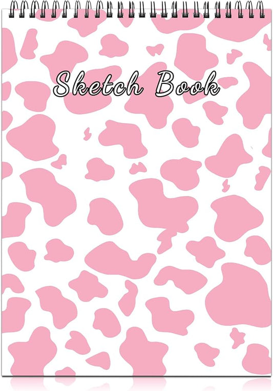 Deokke Sketchbook Top Spiral Bound Sketch Pad, 9 x 12 inch,100GSM Thick Paper,50 Sheets 100 Pages,Art Sketch Book Aesthetic Cute Drawing Writing Paper,for Girls Women-Pink Cow Pattern Western