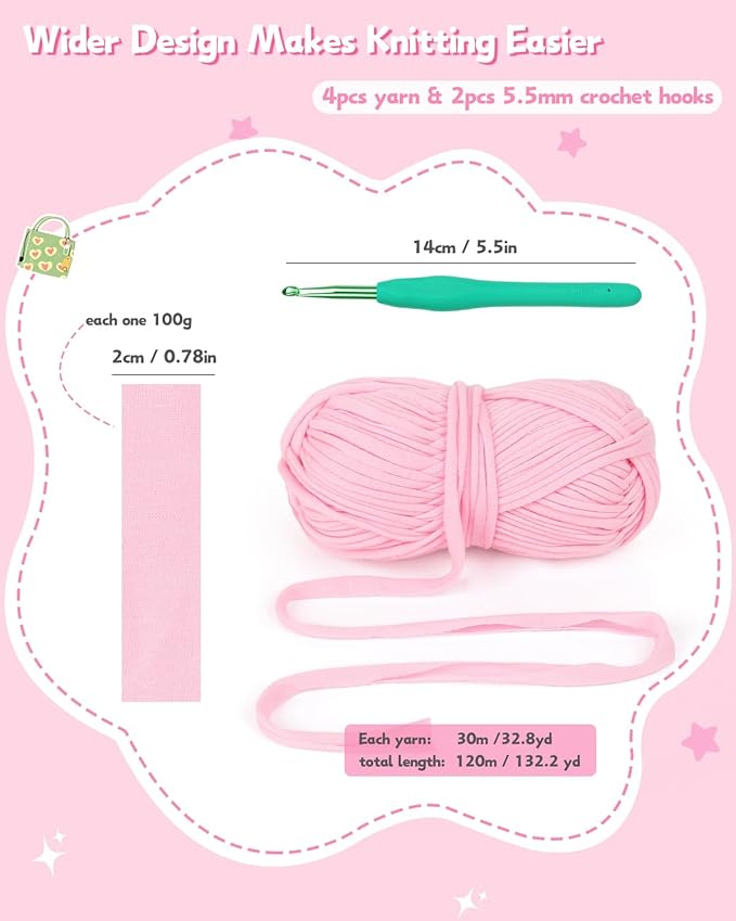 Katech T-Shirt Yarn in Pink for Crocheting, 4x100g/130yds Elastic Fabric Kit for Knitting & Hand DIY Projects, Home Decor
