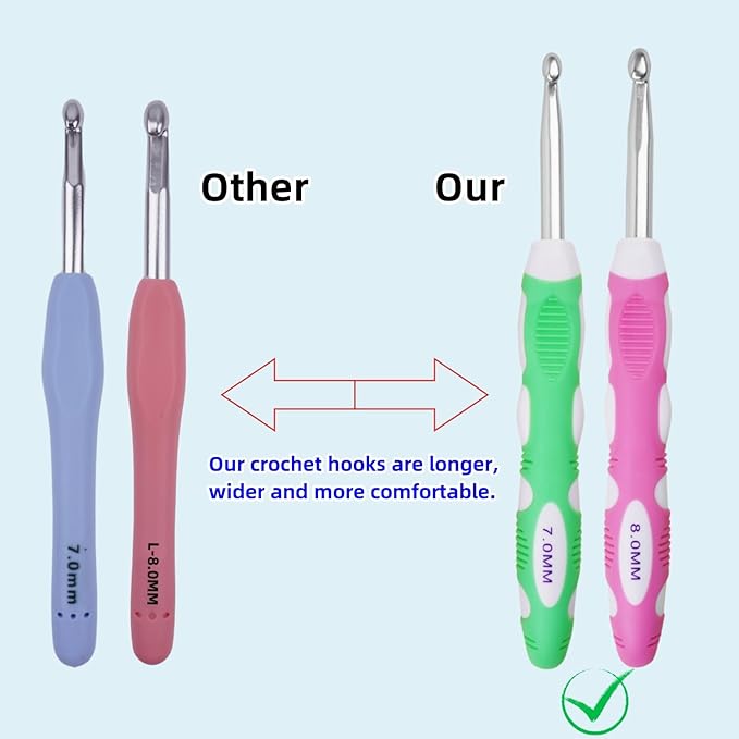 7mm 8mm Crochet Hook, Smooth Metal Head and Soft Rubber Grip Extra Long Ergonomic Crochet Hooks for Arthritic Hands, Beginners and Crochet Enthusiast
