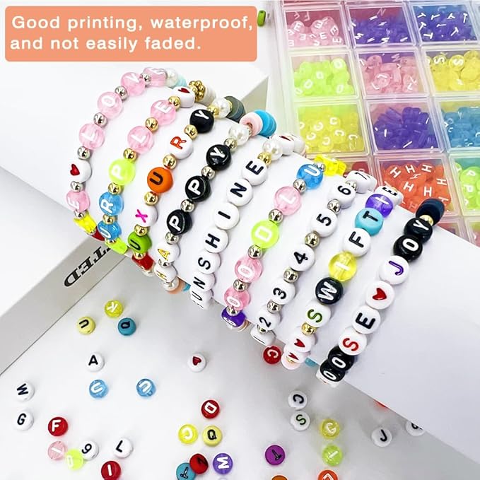 MIIIM 1920 Pcs Pony Beads Letters for Bracelets Making, Vowel-Rich Alphabet Kit with Minimized Rare Characters, 4x7mm Round Letter Beads, Numbers (Clear Colorful)