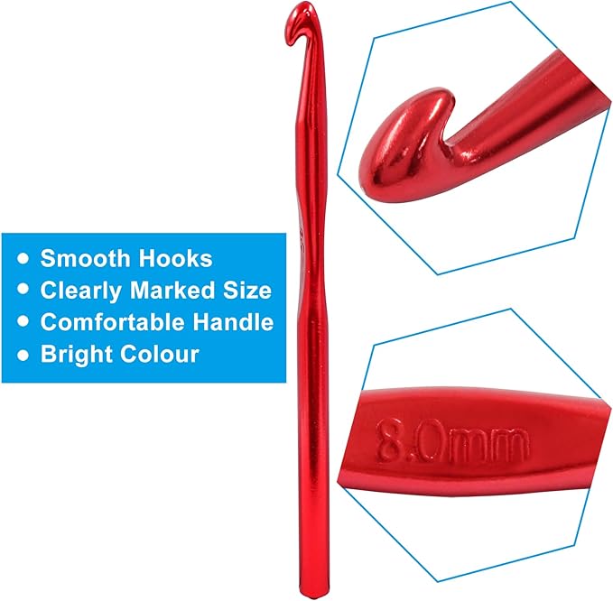 Auvotuis 6Pcs 8mm US Size L (Size 11) Aluminum Crochet Hook Knitting Needles for DIY Craft Yarn, Red