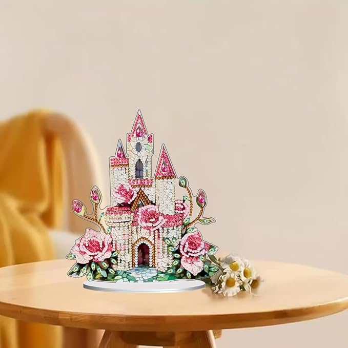 hyzsj DIY Diamond Desktop Ornament Castle Pink,Crystal Diamond Art Painting Tabletop Ornaments Single Sided,Ornament for Adult Beginner Home Office Decor Crafts Gift